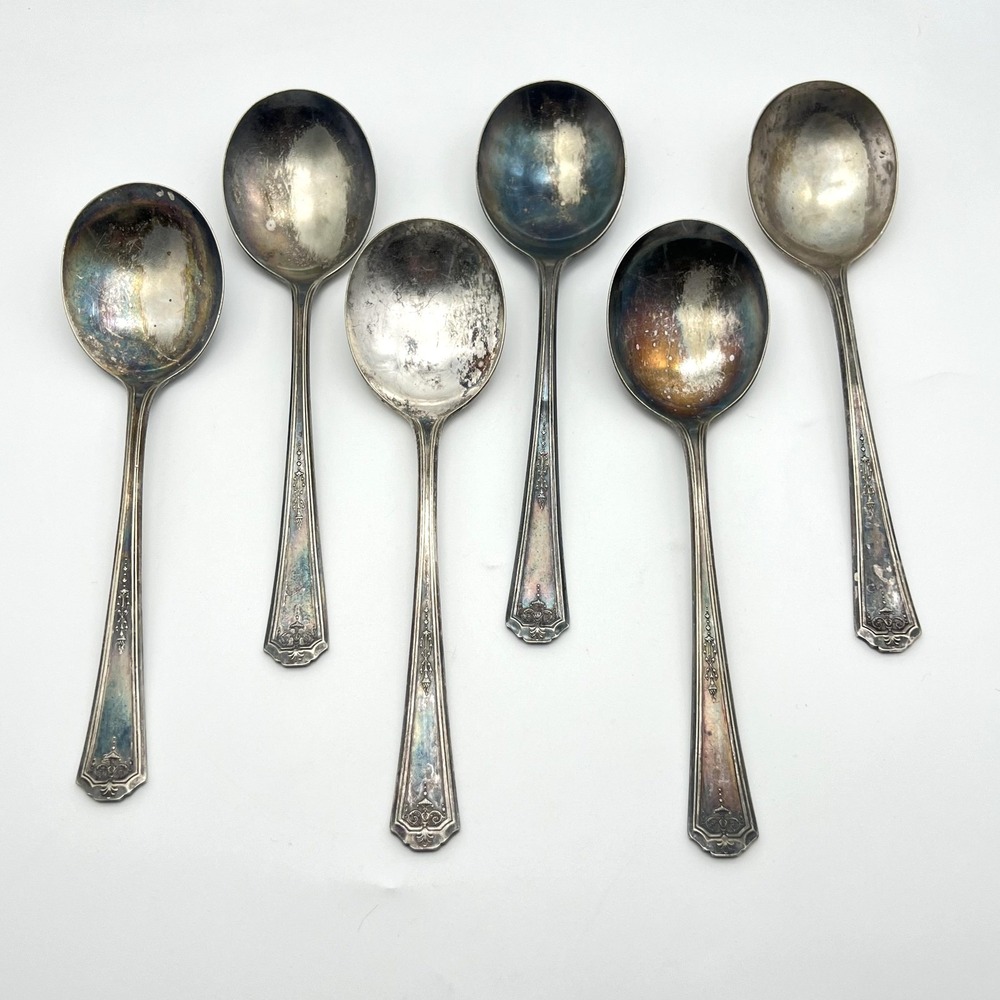 Oneida Community Tudor Silver Plated 6 Spoon Set Queen Bess Vintage Tarnished